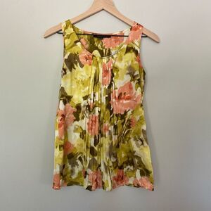 AK Anne Klein Small Silky Watercolor Floral Green & Pink Sleeveless Pleated Dres